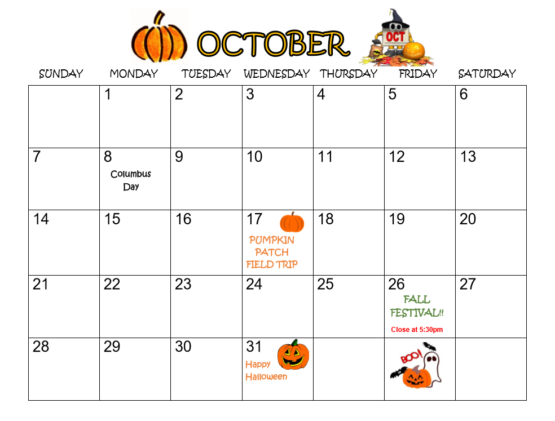 october calendar the vine child care center