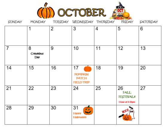 october calendar the vine child care center